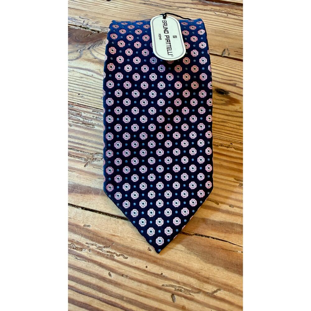 Bruno Piattelli Made in Italy 100% Navy + Pink Geometric Tie NEW